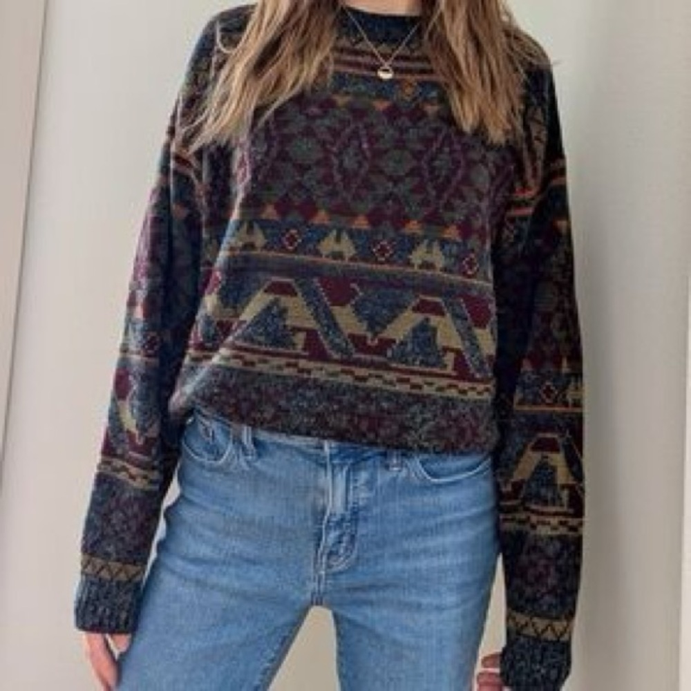 Vintage Printed Oversized Grandpa Crew Neck Sweater